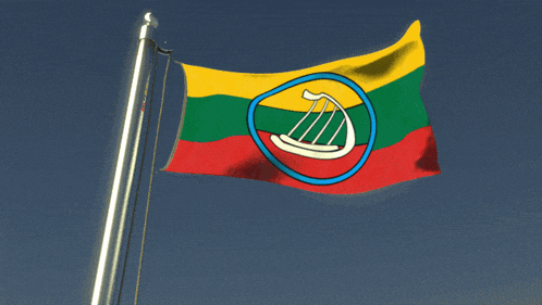 a yellow green and red flag with a harp in the center
