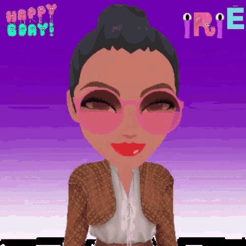 a cartoon of a woman wearing pink glasses and a brown jacket with the words happy goat behind her