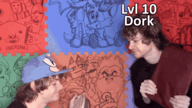 two men standing next to each other with the words lvi 10 dork on the bottom right