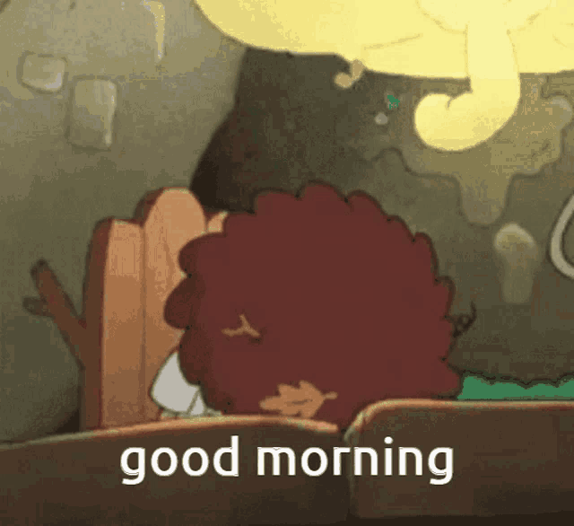 a cartoon character says good morning while sitting on a rock