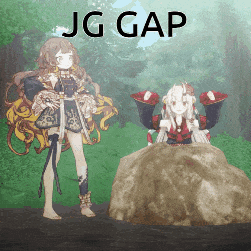 two anime girls are standing next to a large rock with the words jg gap written above them