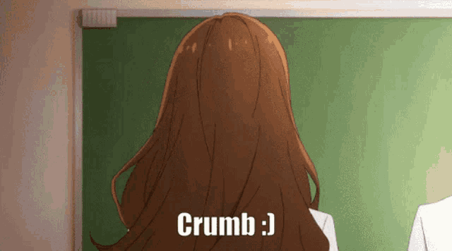 a woman with long brown hair is standing in front of a blackboard with the word crumb written on it