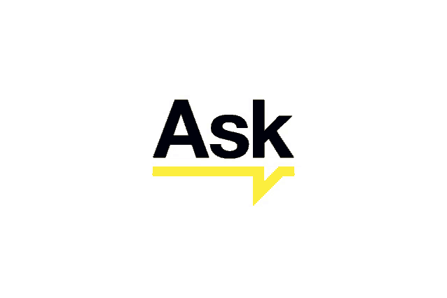 a black and yellow logo for ask with a yellow speech bubble
