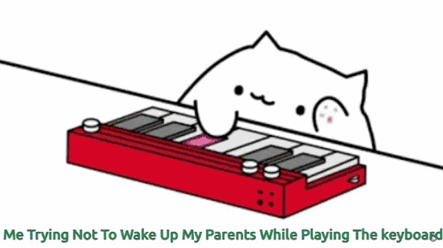a drawing of a cat playing a keyboard that says " inhales "