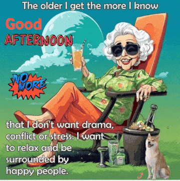 a cartoon of an older woman sitting in a chair holding a drink