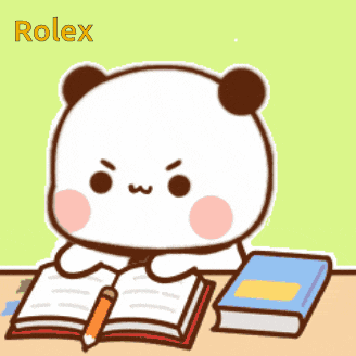 a panda bear is sitting at a table with books and a pencil