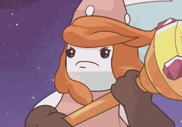 a cartoon character with an angry look on her face is holding a hammer