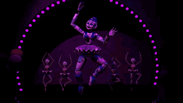 a group of skeletons are dancing in front of a robot in a tutu