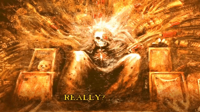 a painting of a skeleton sitting on a throne with the words really below it