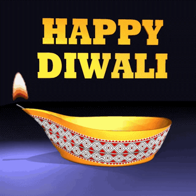 a happy diwali greeting card with a candle in a bowl