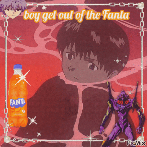 a picture of a boy with a bottle of fanta next to him