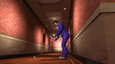 a man in a purple suit is putting a golf ball in a hallway