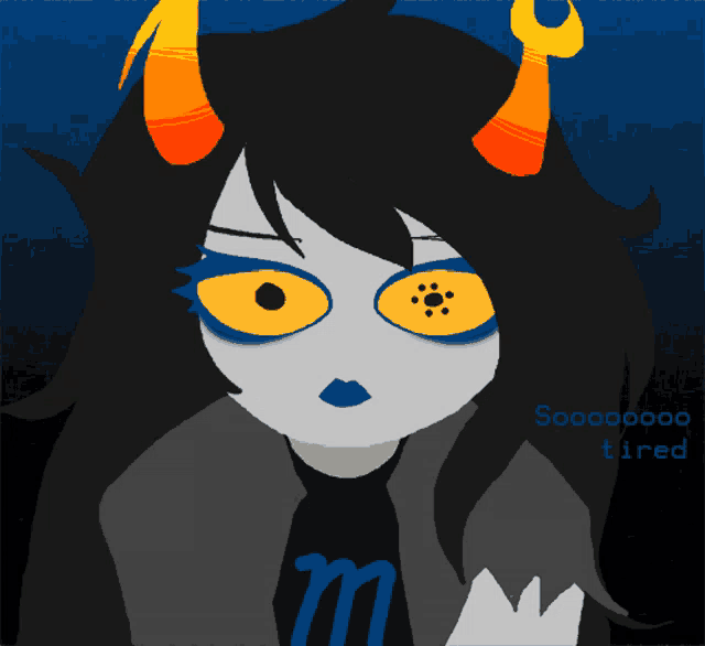 a drawing of a girl with horns and a shirt that says m on it
