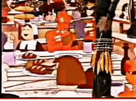 a cartoon drawing of a table with food and a bottle that says ' mrs. pumpkin ' on it