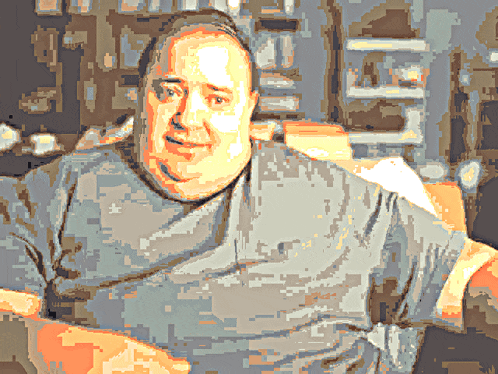 a pixelated image of a man wearing a grey shirt with a white star on it