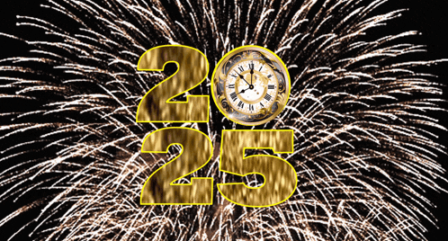 a fireworks display with the number 25 and a clock in the foreground