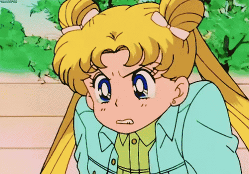 a cartoon of a girl with blonde hair and blue eyes making a face