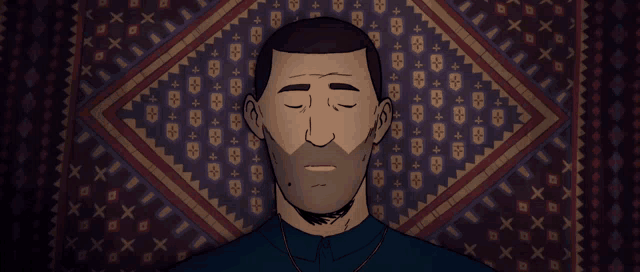 a cartoon drawing of a man with his eyes closed and a necklace around his neck