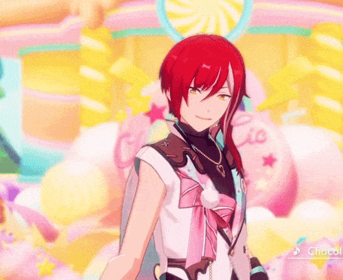 a girl with red hair is standing in front of a sign that says choco-cio