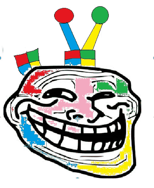 a drawing of a troll face with a colorful hat on top