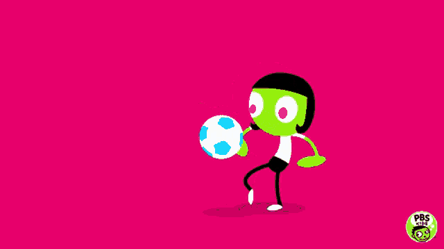 a cartoon character is kicking a soccer ball with a pbs kids logo in the corner