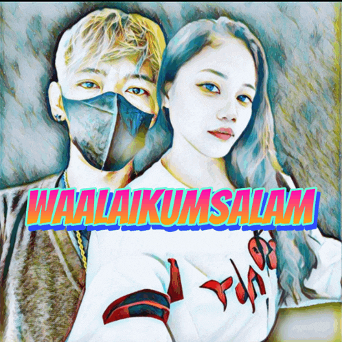 a man wearing a mask and a woman wearing a white shirt with the words waalakumsalam on the bottom