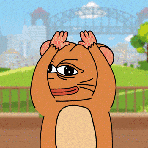 a cartoon of a cat with its hands on its head in front of a bridge