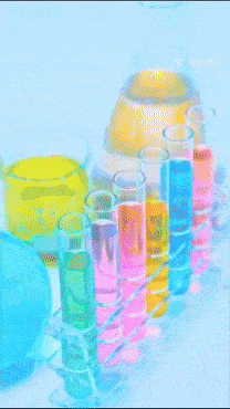 a cartoon character is in a beaker with a pink liquid