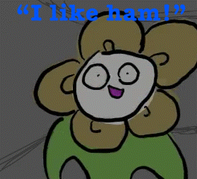 a cartoon character with a flower head and the words i like ham