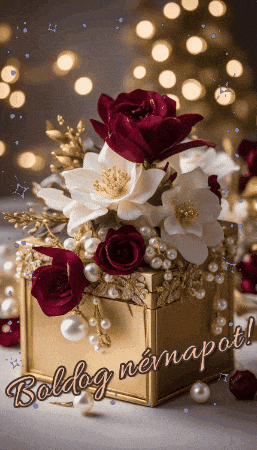 a gold box filled with red and white flowers and pearls has boldog nemnapot written on it