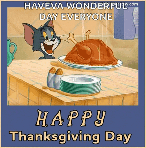 a cartoon of tom and jerry sitting at a table with a turkey on a plate