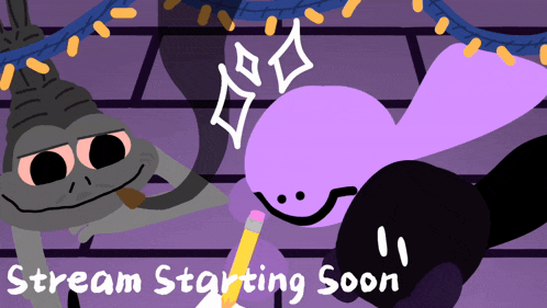 a cartoon of a frog and a purple whale with the words stream starting soon below them