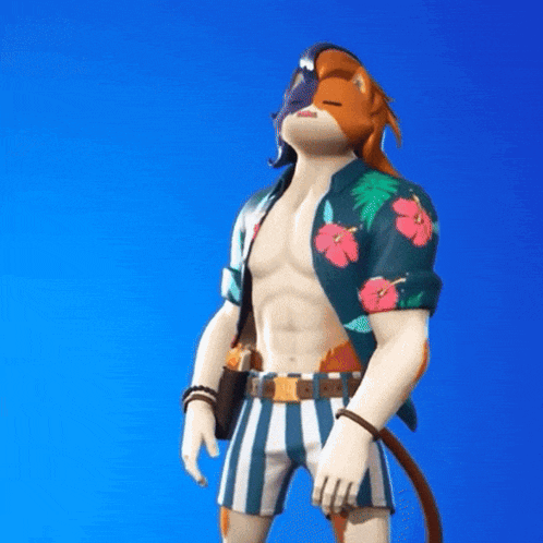 a man with a cat face is wearing striped shorts and a floral shirt .