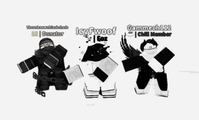three roblox characters are standing next to each other with the names icy fwoof and gammech112