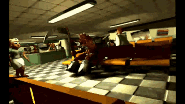 a video game scene of a diner with a checkerboard floor