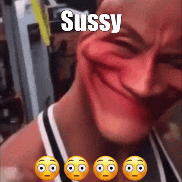 a close up of a man 's face with the word sussy written on it