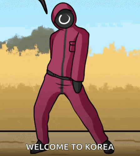 a cartoon of a man in a red suit that says welcome to korea on the bottom
