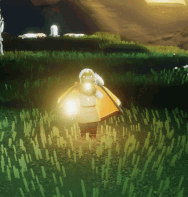 a cartoon character is standing in a field with a yellow cape