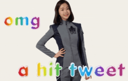 a woman in a gray jacket is standing next to the words omg a hit tweet on a white background