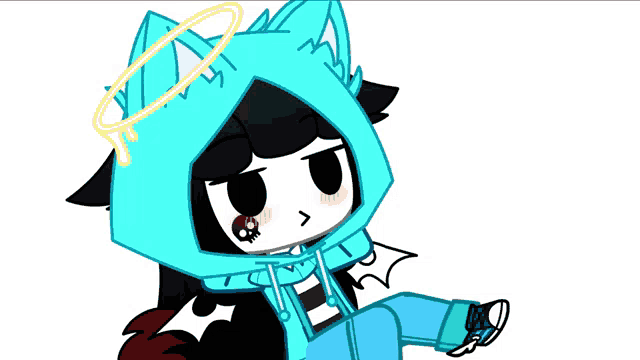 a cartoon character wearing a blue hoodie and a halo