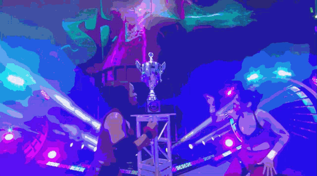 a woman stands in front of a trophy that says ' world heavyweight championship ' on it