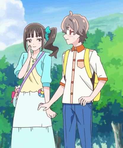 a boy and a girl are holding hands in a cartoon scene