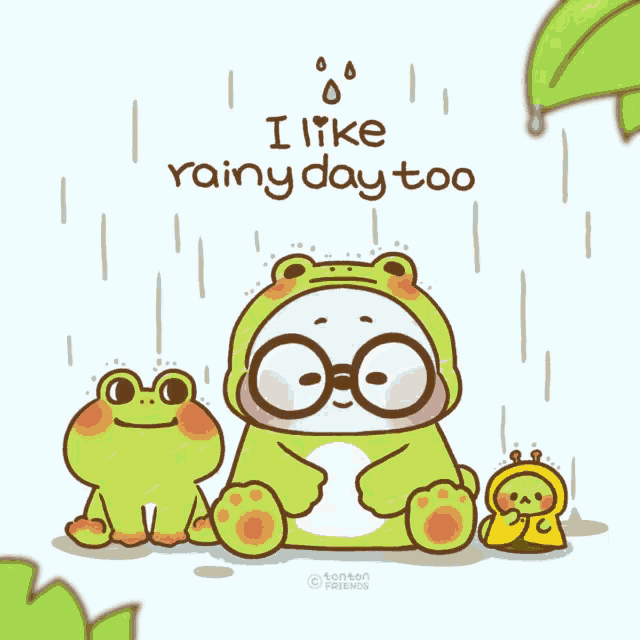 a cartoon frog says i like rainy day too on the bottom