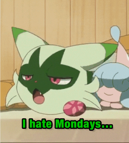 a green and white cat with the words " i hate mondays " on the bottom