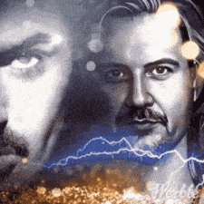 a close up of a man 's face with lightning coming out of his mouth
