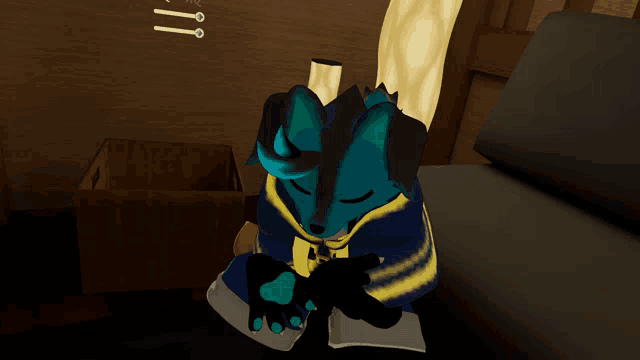 a blue furry character is sitting on a couch with its eyes closed