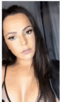 a woman with long brown hair is taking a selfie in a very revealing top .