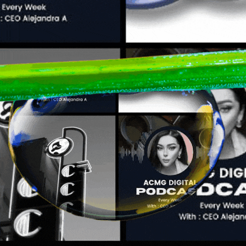 an ad for acmg digital podcasts shows a woman in a bubble