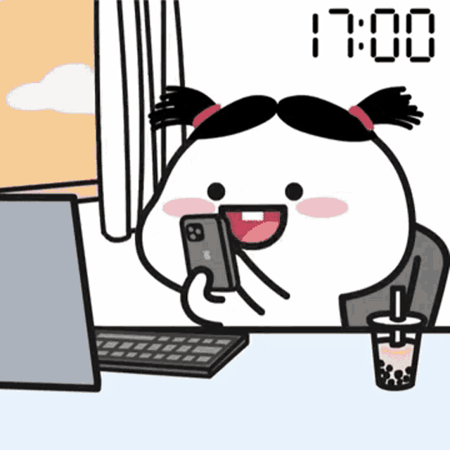 a cartoon of a girl sitting at a desk with a cup of bubble tea and a laptop