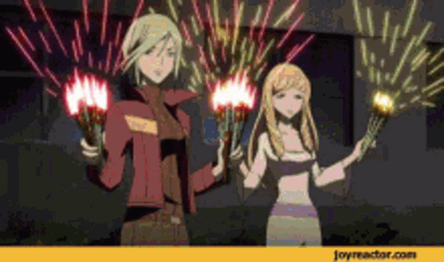 a couple of anime characters holding fireworks with joyreactor.com in the corner